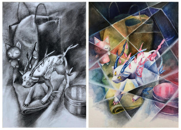 Charcoal, Gouache